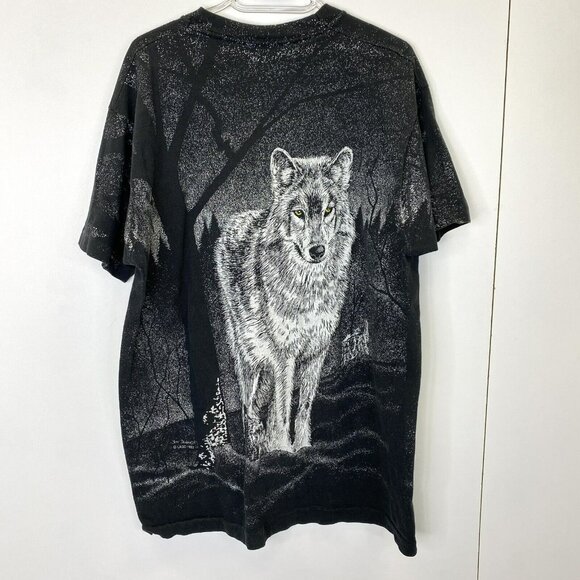 Vintage 1993 Allover Print T-Shirt Night Wolf Snow Mens Large Black Crew Neck - Picture 4 of 4